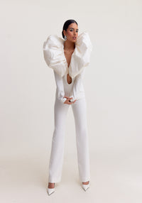 Eggshell White Pant Suit with Plunge Neck and Draped