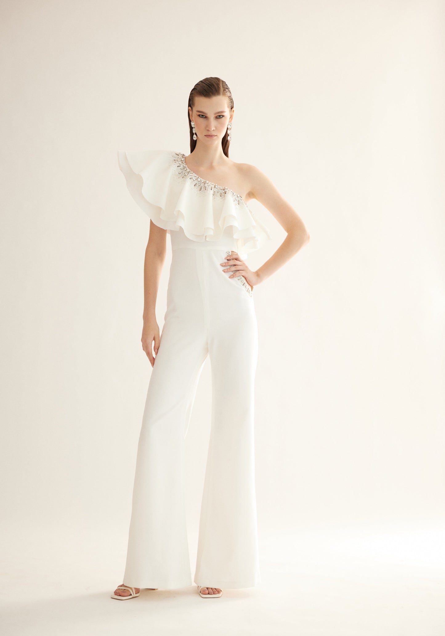 Eggshell White One-Shoulder Jumpsuit with Waist Cut-Out
