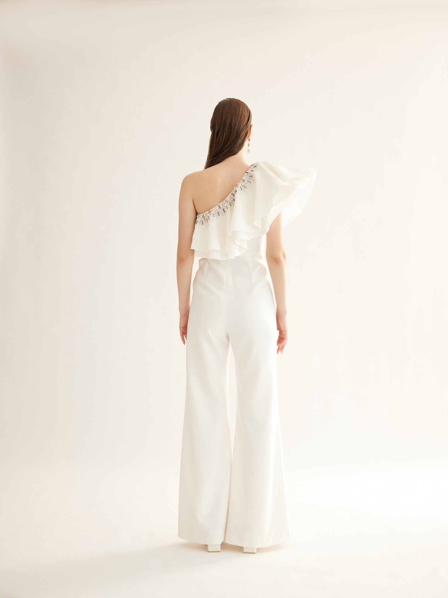 Eggshell White One-Shoulder Jumpsuit with Waist Cut-Out