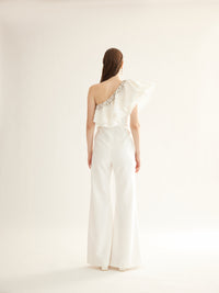 Eggshell White One-Shoulder Jumpsuit with Waist Cut-Out