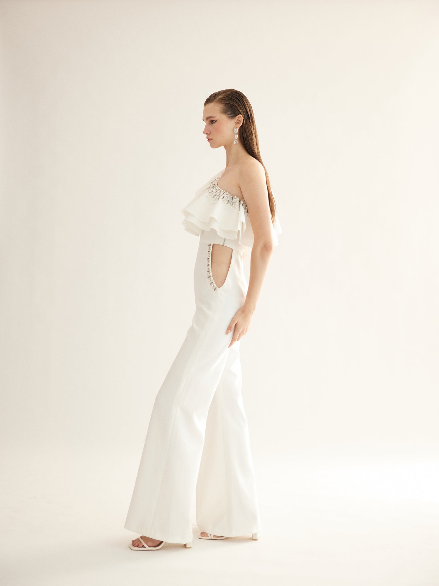 Eggshell White One-Shoulder Jumpsuit with Waist Cut-Out