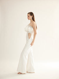 Eggshell White One-Shoulder Jumpsuit with Waist Cut-Out