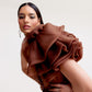 Metallic Brown Draped Short Dress with Organza Shoulder Ruffle