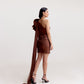 Metallic Brown Draped Short Dress with Organza Shoulder Ruffle