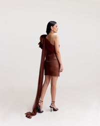 Metallic Brown Draped Short Dress with Organza Shoulder Ruffle