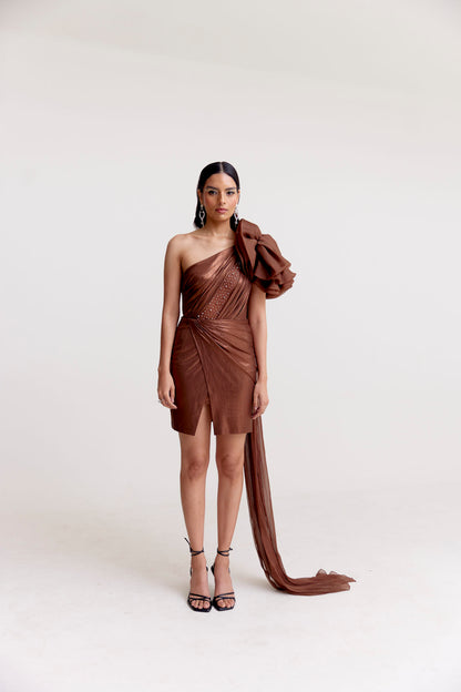 Metallic Brown Draped Short Dress with Organza Shoulder Ruffle