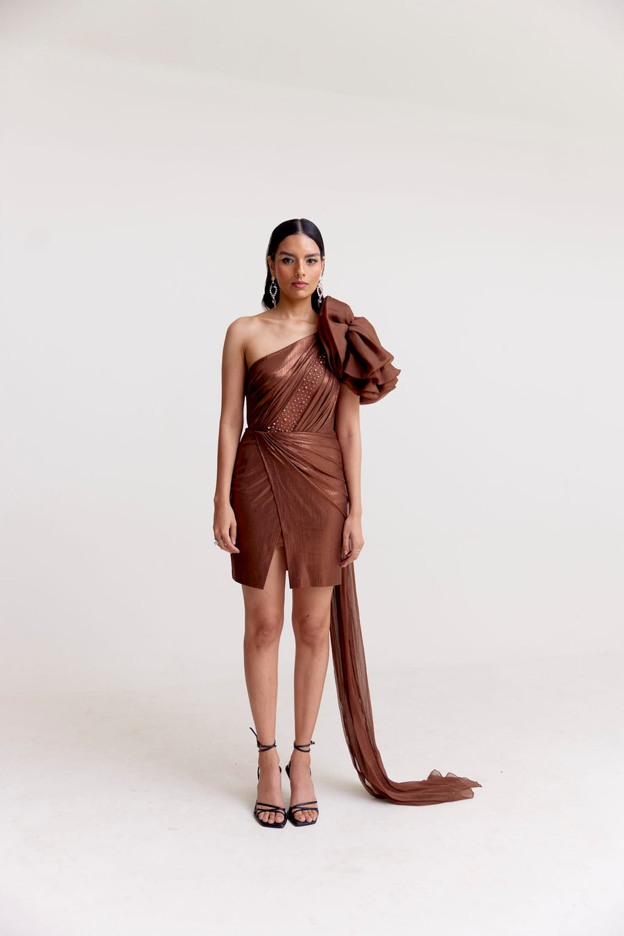 Metallic Brown Draped Short Dress with Organza Shoulder Ruffle