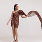 Metallic Brown Draped Short Dress with Organza Shoulder Ruffle