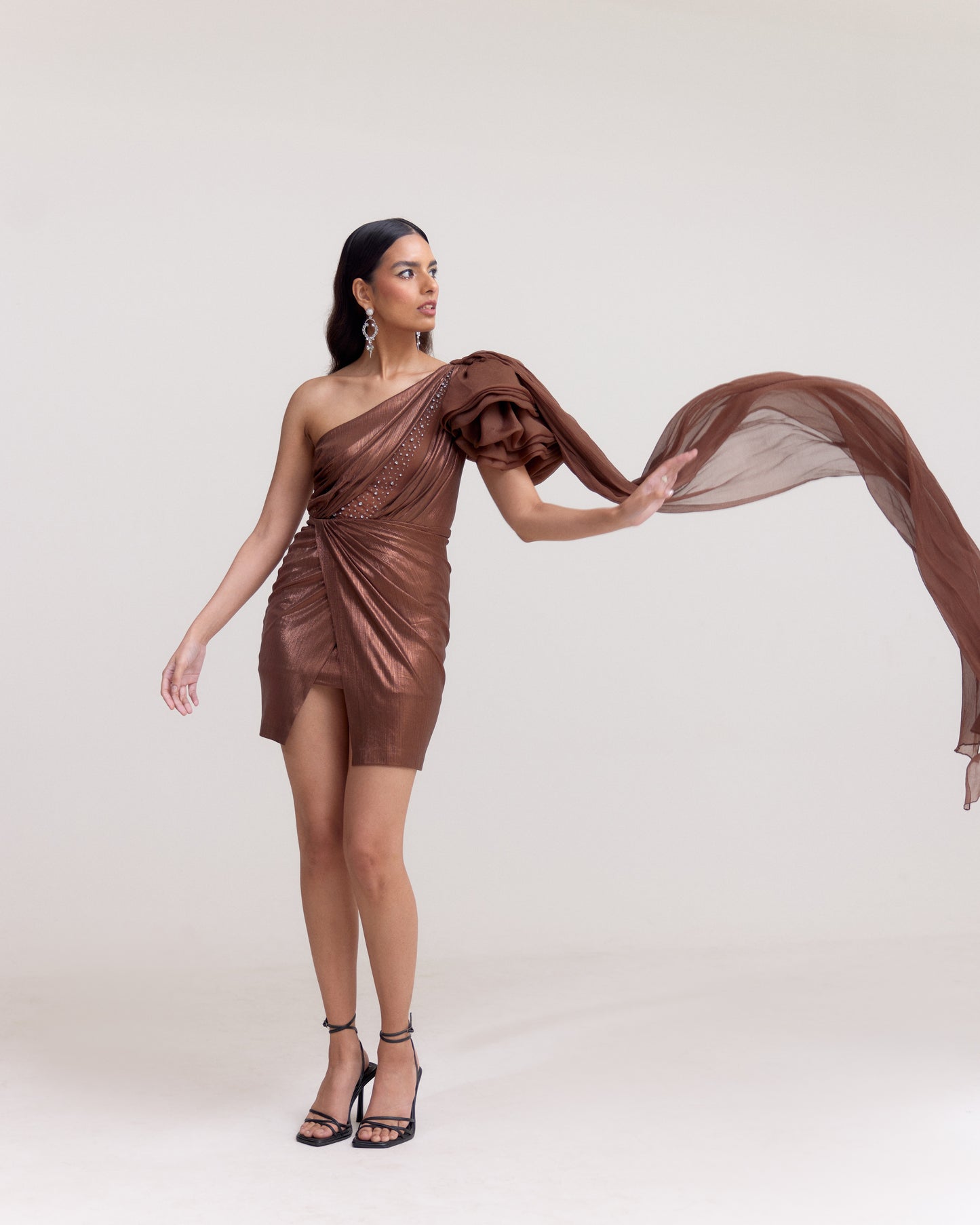 Metallic Brown Draped Short Dress with Organza Shoulder Ruffle