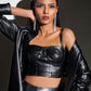 Faux Leather Bustier With Metallic Faux Leather Pants And Shirt
