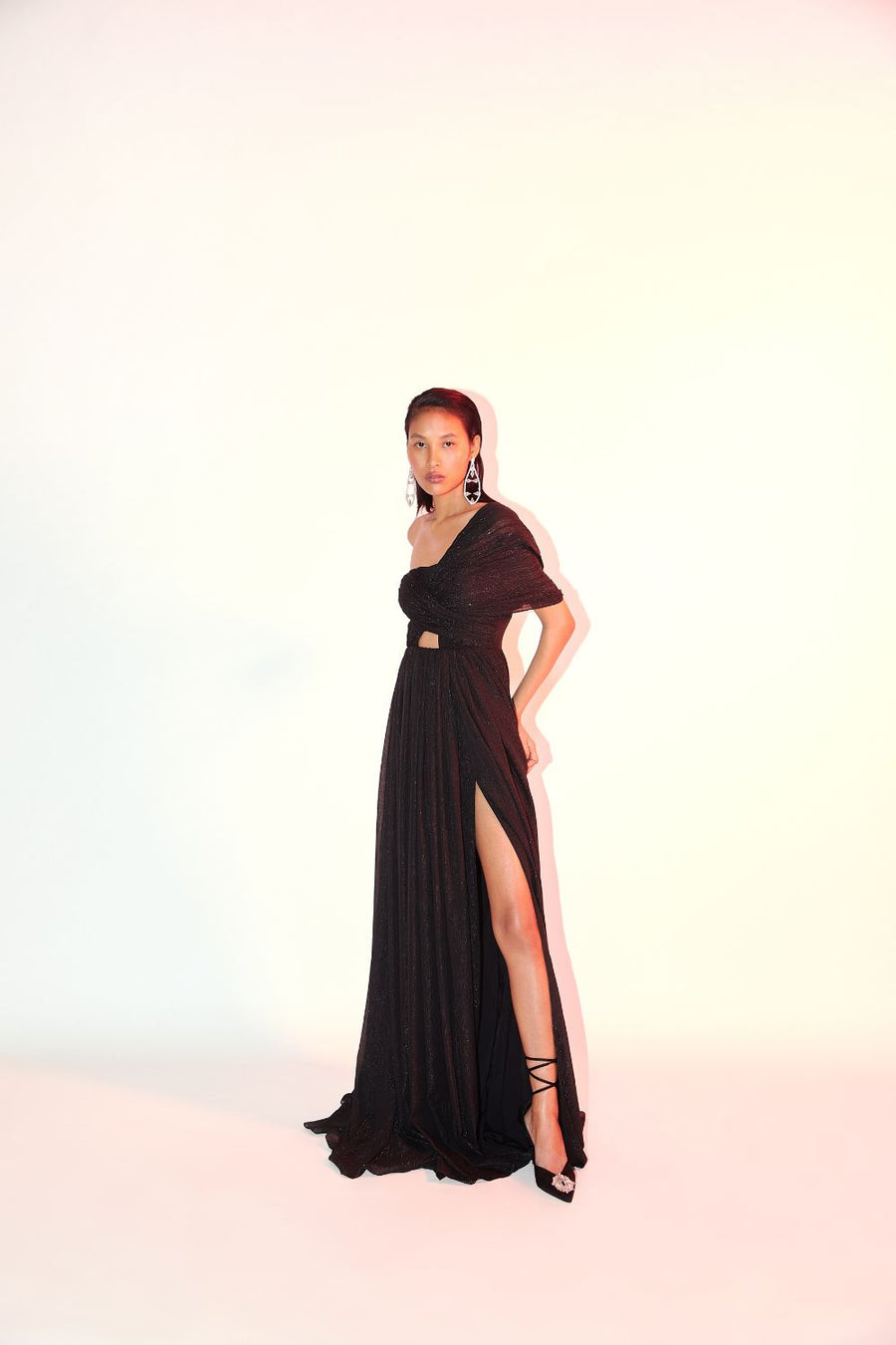 Flared Metallic Georgette Gown With Pleated Bodice