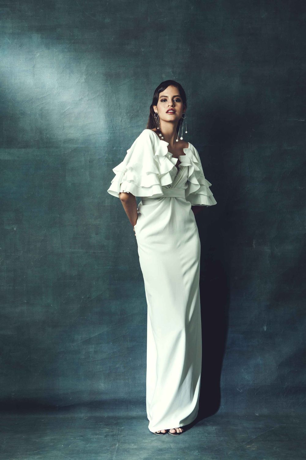 Long Drape Dress With Ruffled Cape Sleeves And Belt