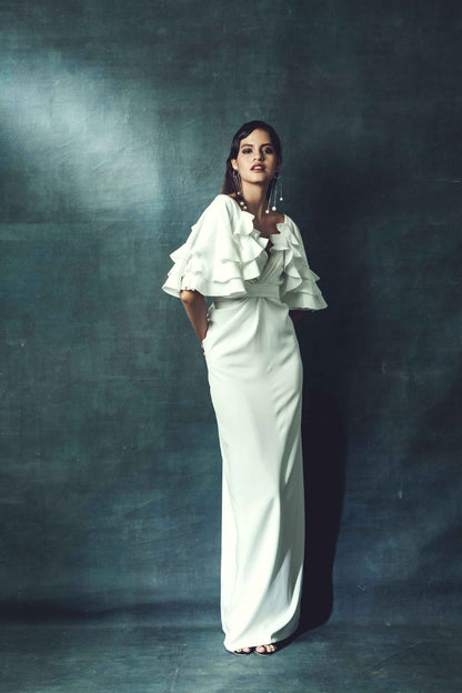 Long Drape Dress With Ruffled Cape Sleeves And Belt