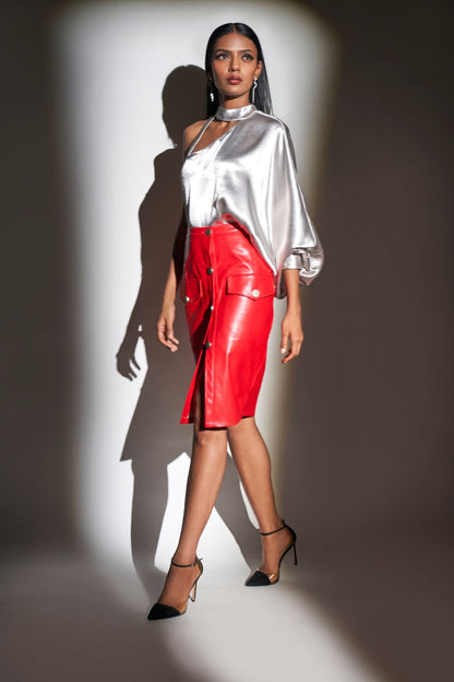 Satin One Shoulder Raglan Sleeve Top