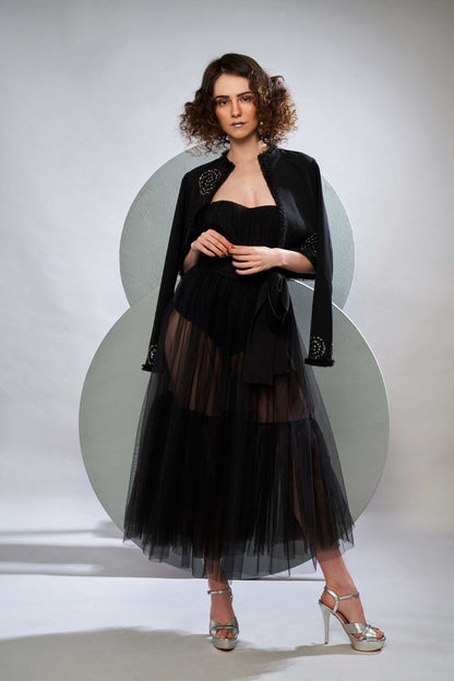 Boned Bodysuit With Tulle Pleated Dress