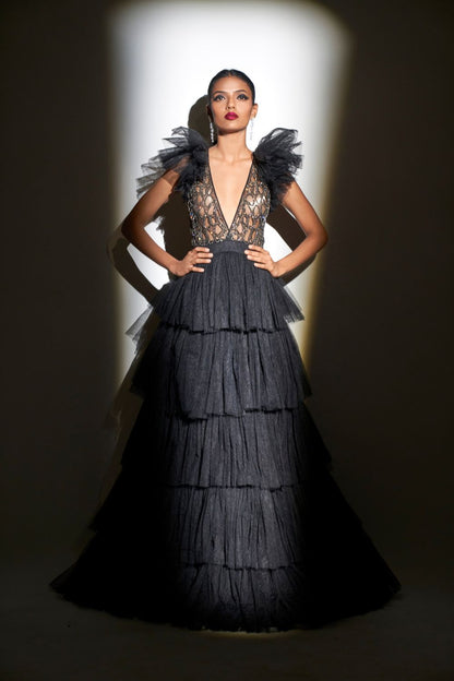 Embellished Bodice Tulle Tiered Gown