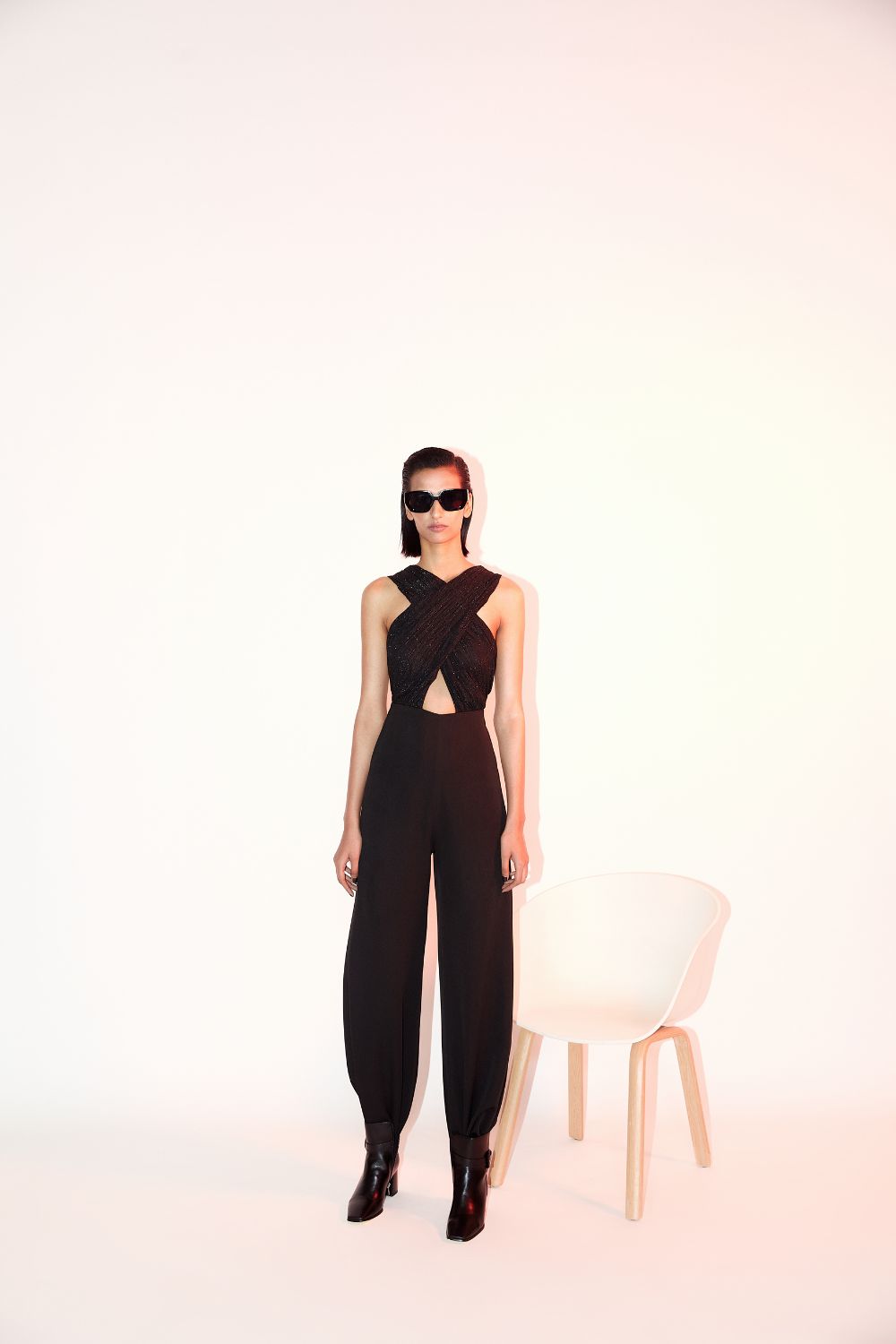 Rouched Criss Cross Embroidered Bodice Jumpsuit