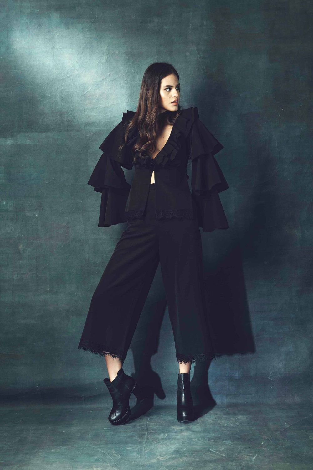 Ruffled Neck Top Paired With High Waist Pants