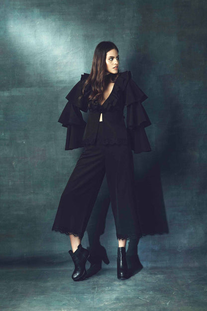 Ruffled Neck Top Paired With High Waist Pants