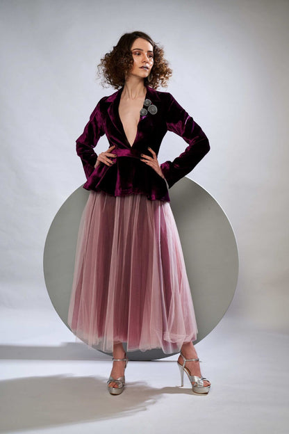 Plush Velvet Peplum Jacket With Two Tone Layered Tulle Skirt