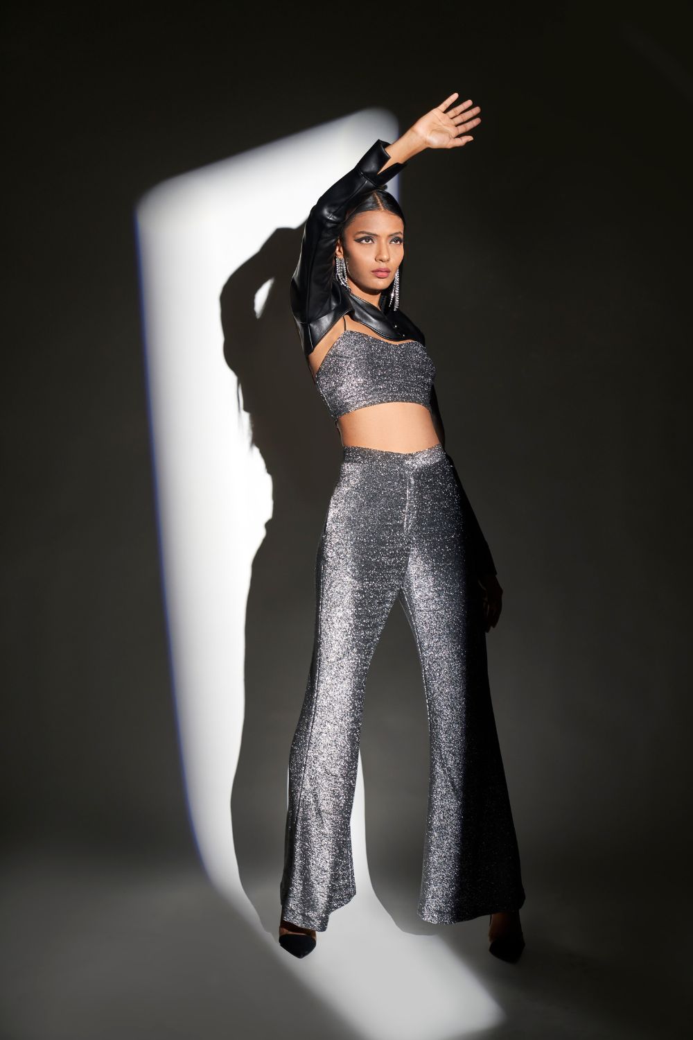 Metallic Silver Lycra Crop Top & Pant
