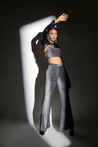 Metallic Silver Lycra Crop Top & Pant