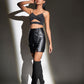 Black Shimmer Cut Out Bra Top With Faux Leather Short Skirt