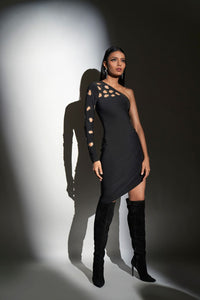 One Shoulder Cut Out Embroidery Wrap Mini Dress