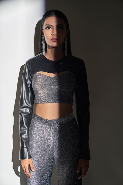 Metallic Silver Lycra Crop Top & Pant