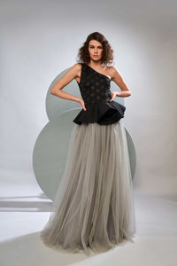 One Shoulder Peplum Gown With Tulle Skirt