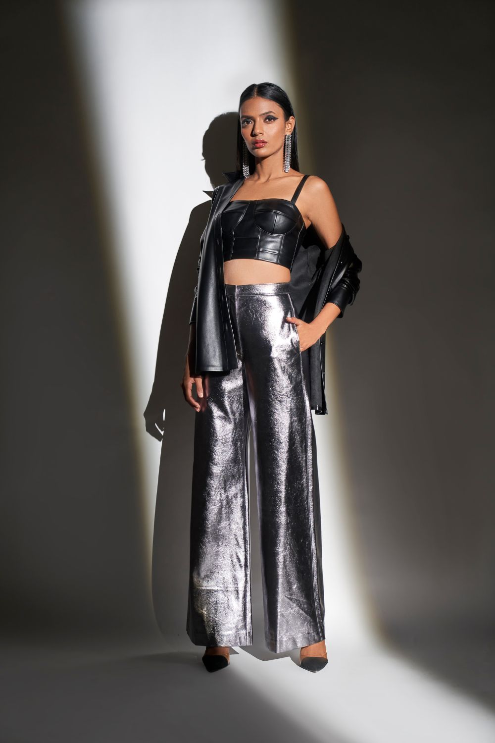 Faux Leather Bustier With Metallic Faux Leather Pants And Shirt