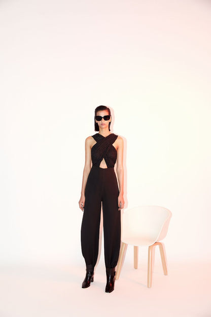 Rouched Criss Cross Embroidered Bodice Jumpsuit