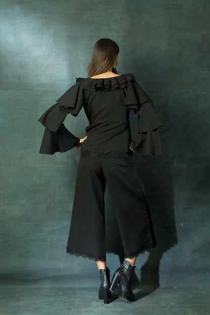 Ruffled Neck Top Paired With High Waist Pants