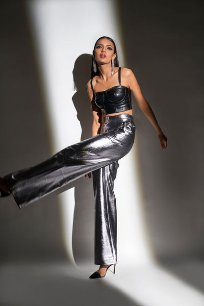 Faux Leather Bustier With Metallic Faux Leather Pants And Shirt