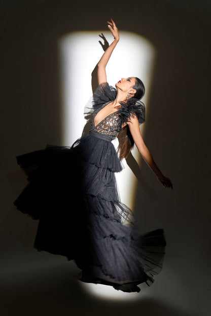 Embellished Bodice Tulle Tiered Gown