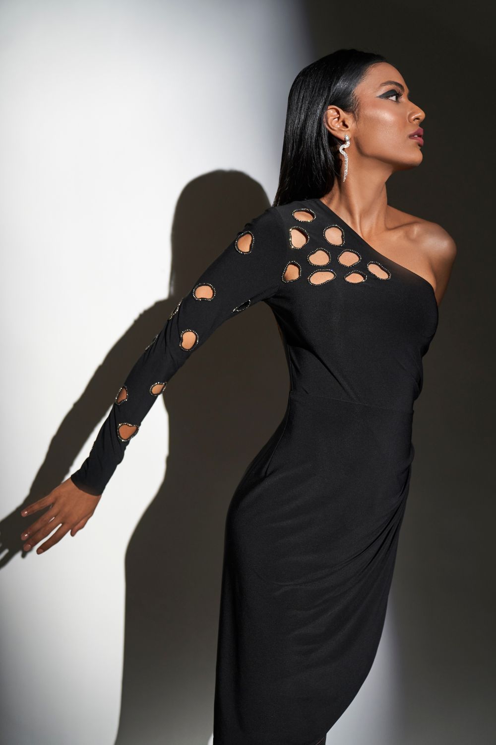 One Shoulder Cut Out Embroidery Wrap Mini Dress