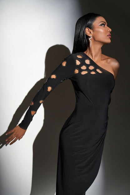 One Shoulder Cut Out Embroidery Wrap Mini Dress
