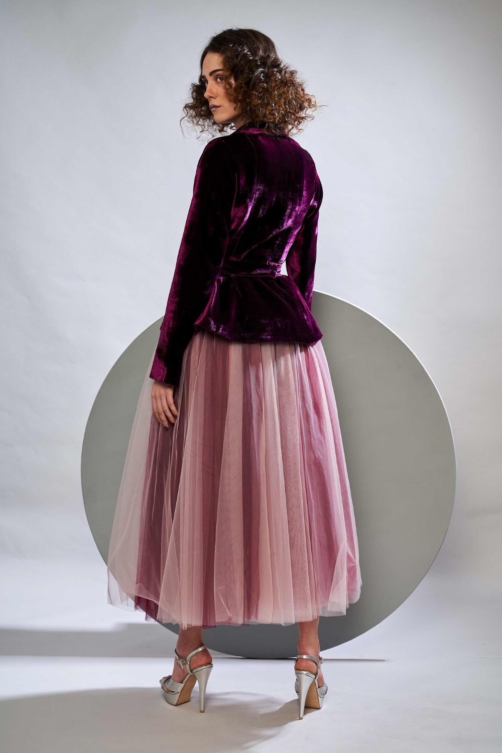 Plush Velvet Peplum Jacket With Two Tone Layered Tulle Skirt