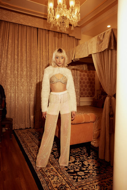 Fur Overlayer With Bralette And Sequin Pants